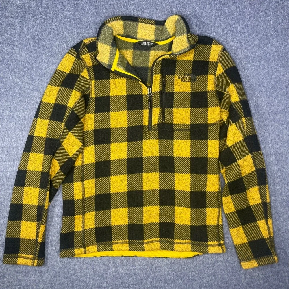 The North Face Mens Yellow Black Buffalo Plaid Quarter Zip Fleece Pullover M